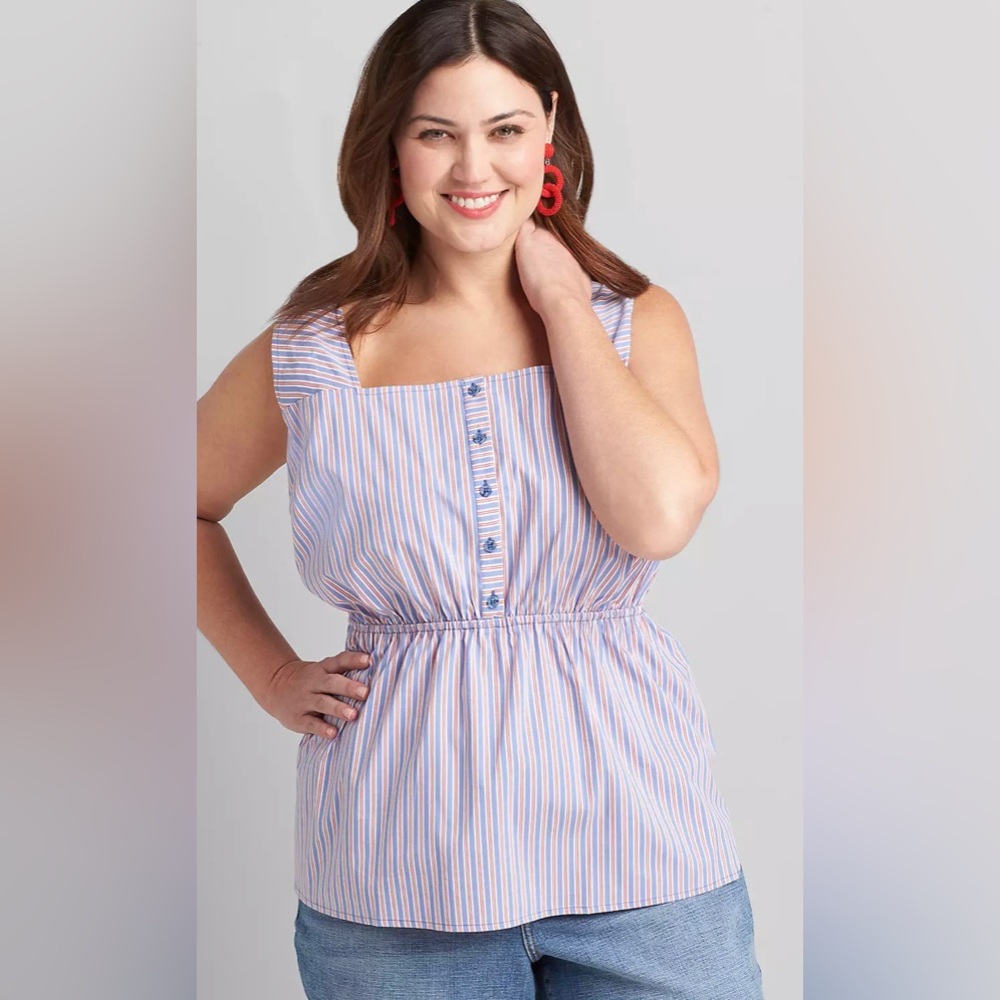 Lane Bryant No Peek Striped Button-Front Peplum Top